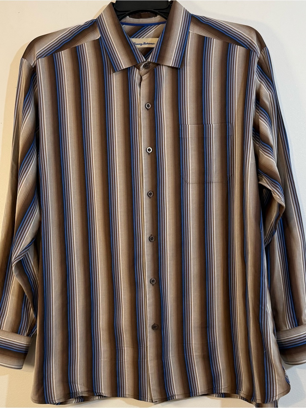 Tommy Bahama Silk Blend Striped Button Front Shirt Mens XL Brown Blue